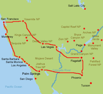 Motorhome Karte USA Westen in 15 Tagen